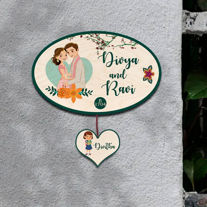 Apartment Name Plate – Oval Wooden Couple for Flat Door - Sblossom