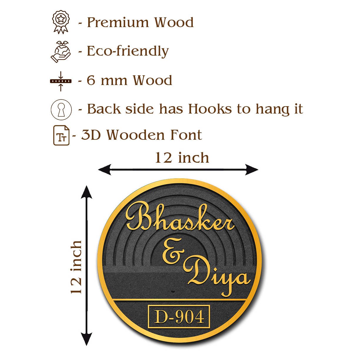 Arch-Ripple Name Plate for Flat Door – Round Gold - Sblossom