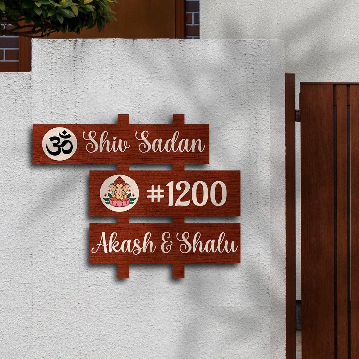 Auspicious Wooden Name Plate – Om & Ganesha Fence - Sblossom