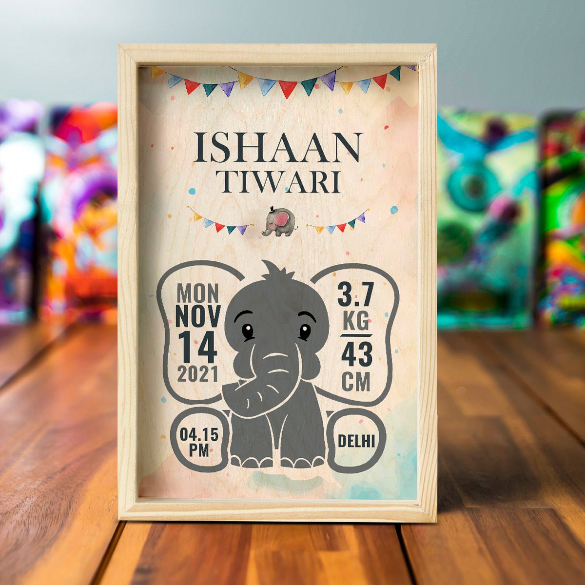 Baby Boy Wooden Birth Details Frame with Elephant Theme - Sblossom