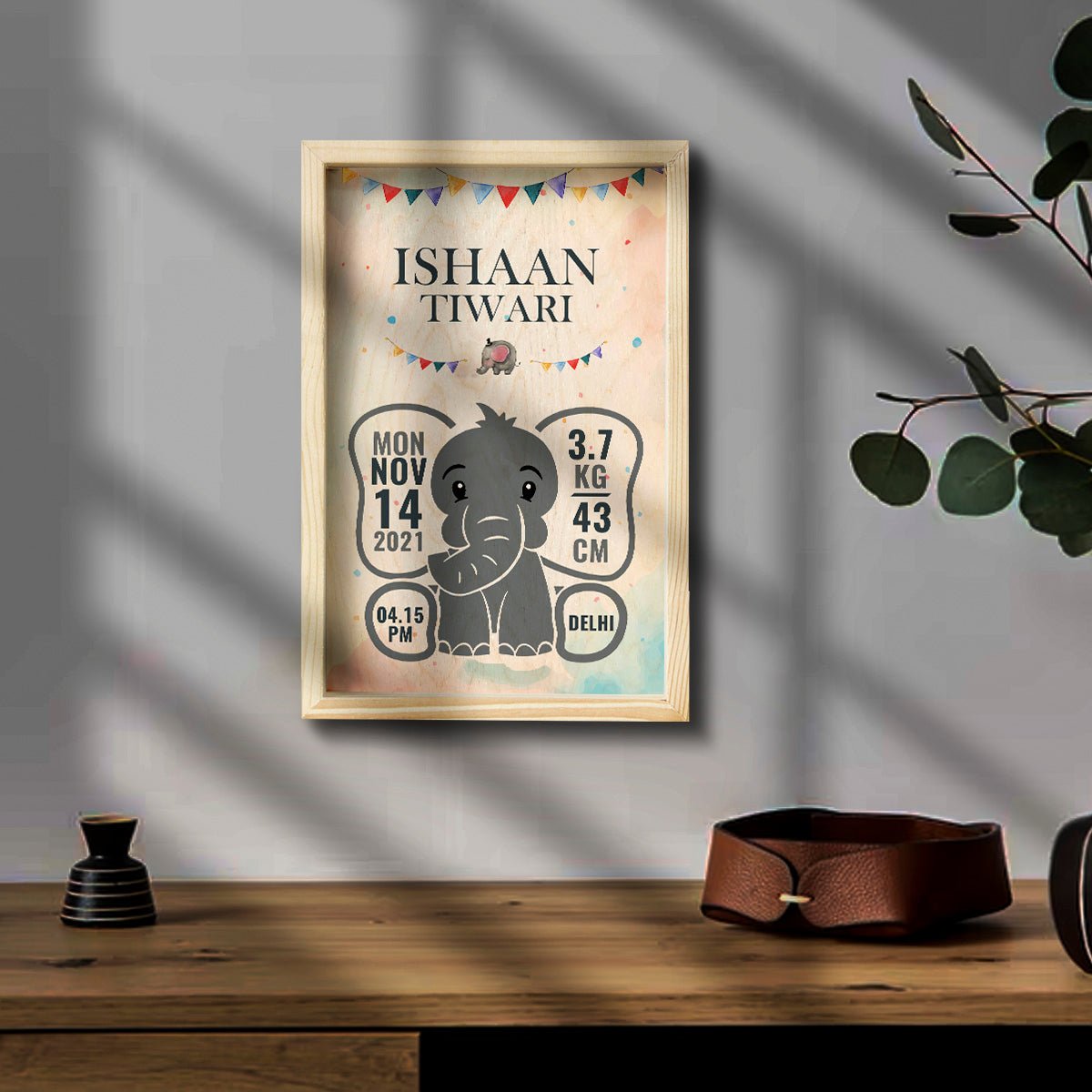 Baby Boy Wooden Birth Details Frame with Elephant Theme - Sblossom