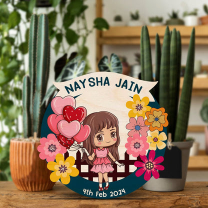 Baby Girl Name Plate for Kids Room — Wooden with DOB - Sblossom