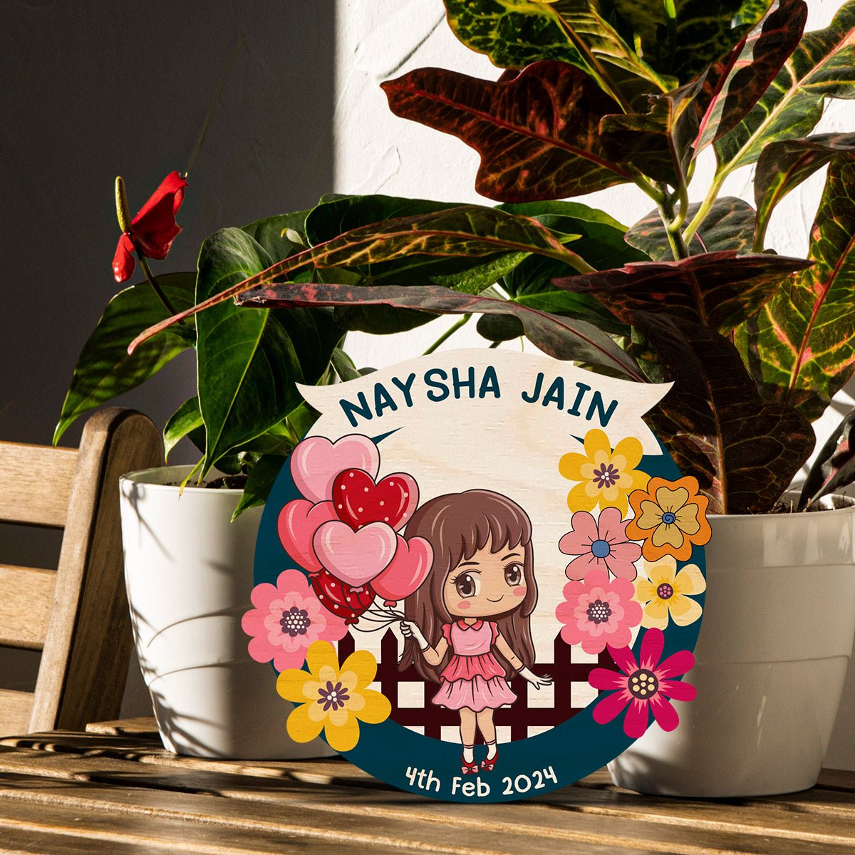 Baby Girl Name Plate for Kids Room — Wooden with DOB - Sblossom