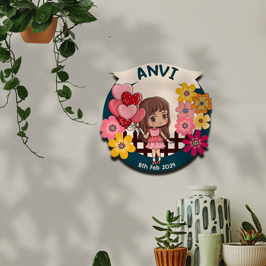Baby Girl Name Plate for Kids Room — Wooden with DOB - Sblossom