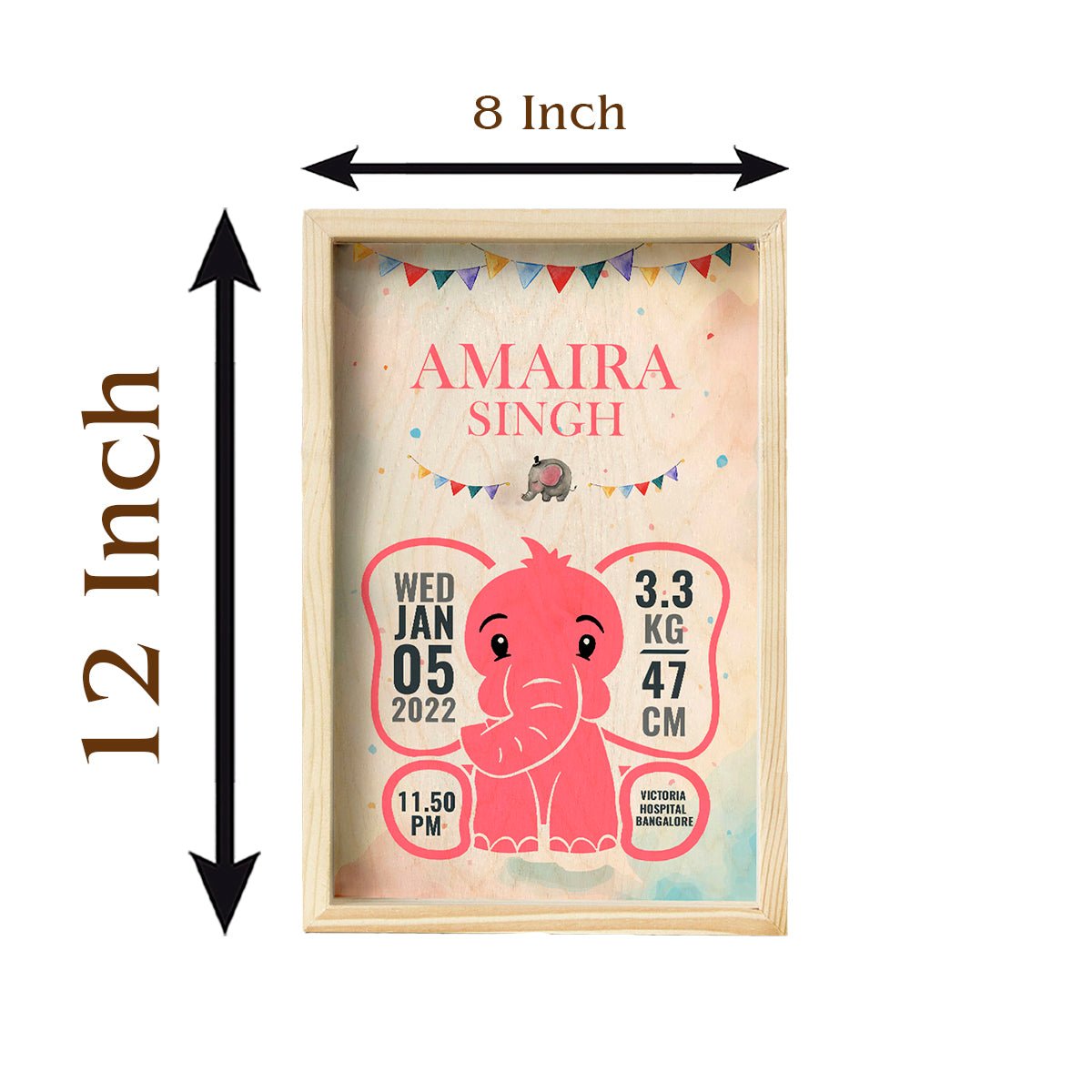 Baby Girl Wooden Frame with Elephant Birth Details - Sblossom
