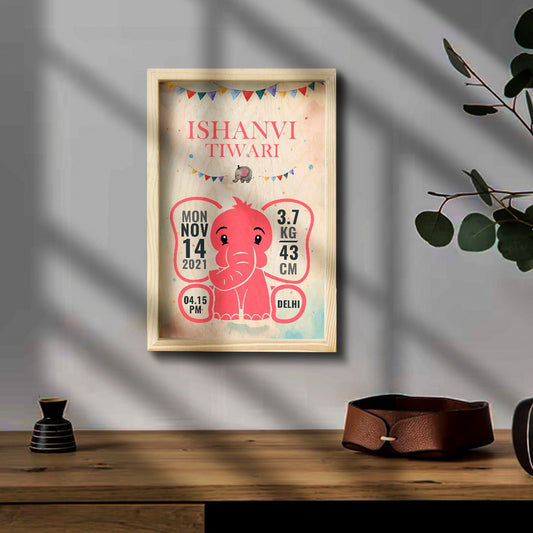 Baby Girl Wooden Frame with Elephant Birth Details - Sblossom
