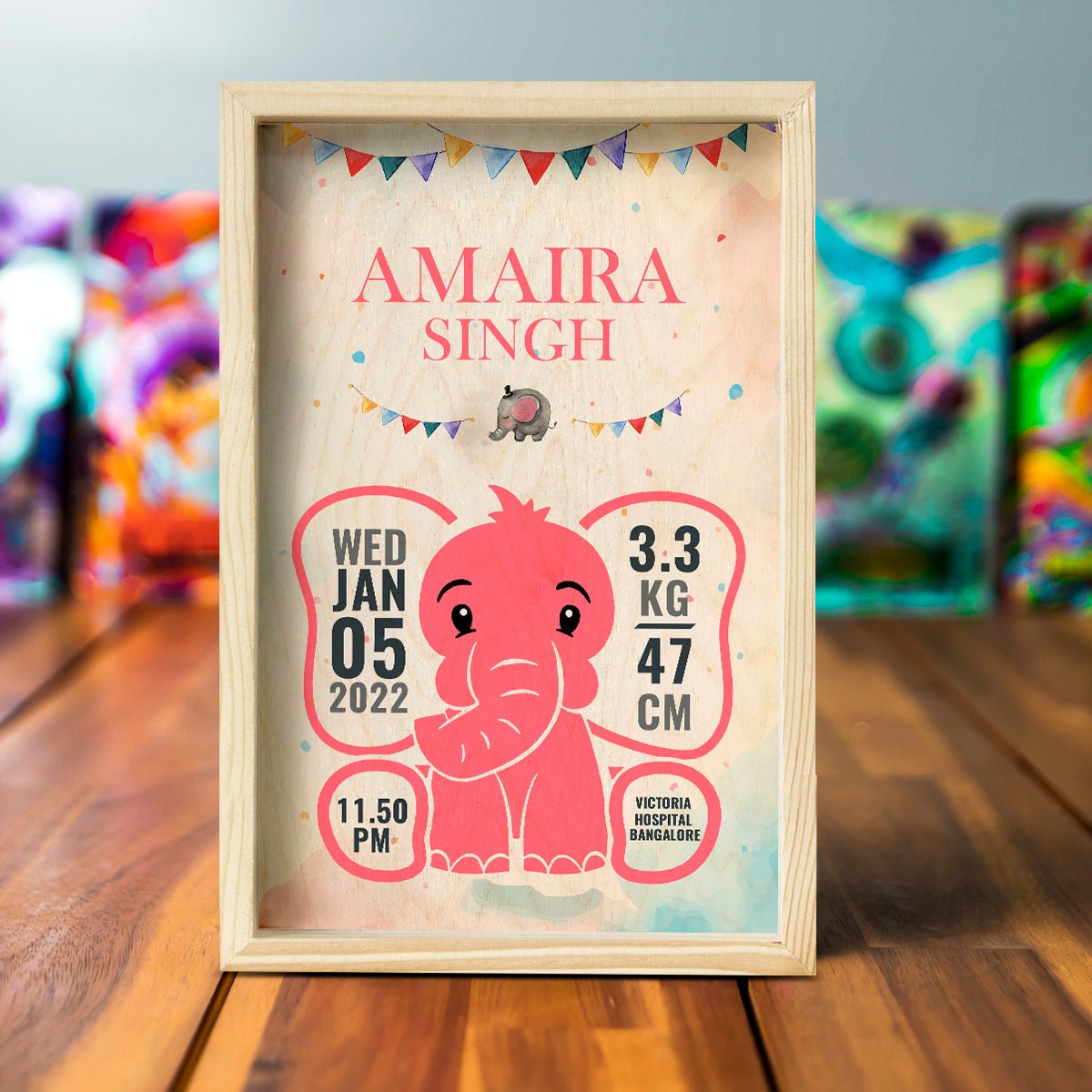 Baby Girl Wooden Frame with Elephant Birth Details - Sblossom
