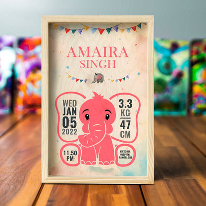 Baby Girl Wooden Frame with Elephant Birth Details - Sblossom
