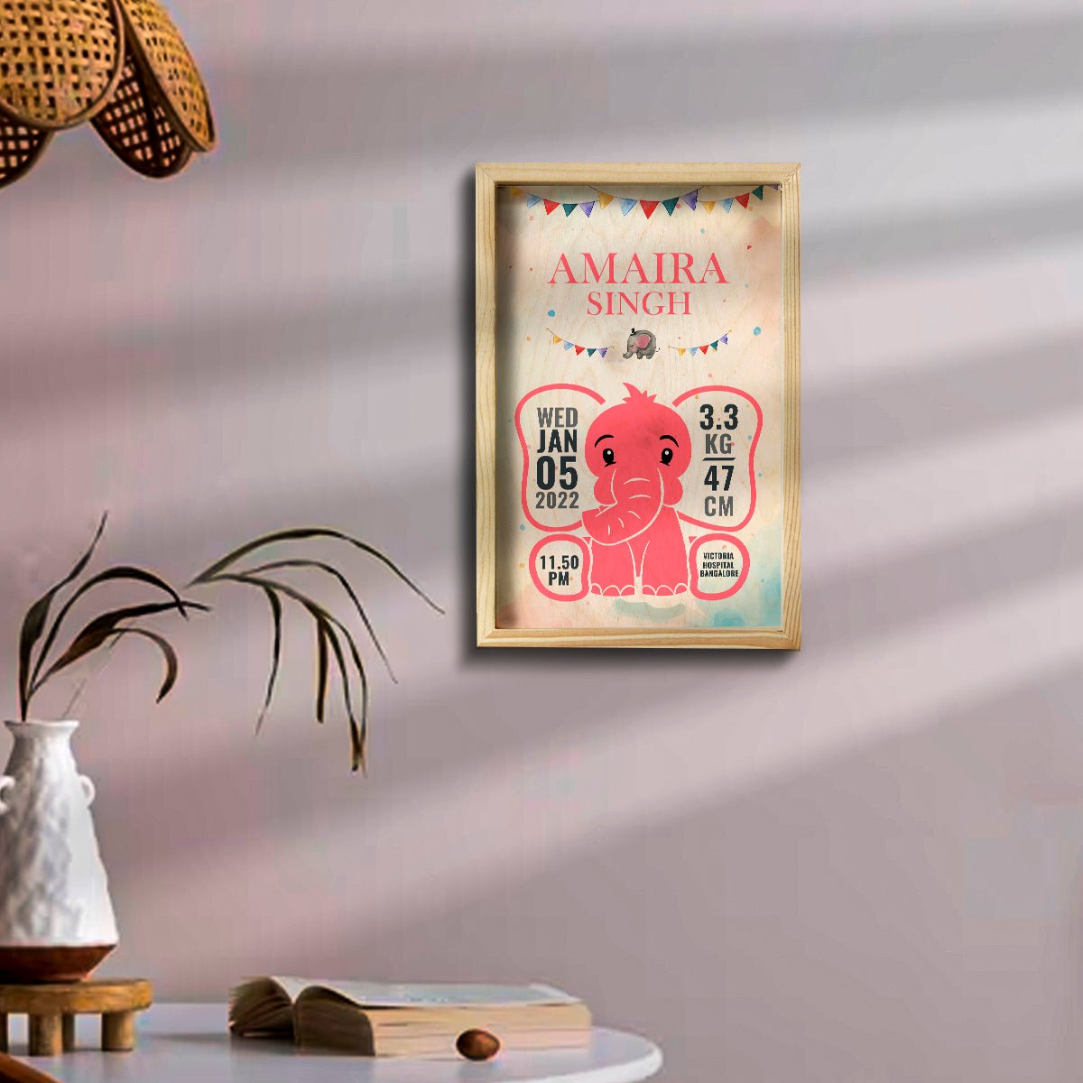 Baby Girl Wooden Frame with Elephant Birth Details - Sblossom