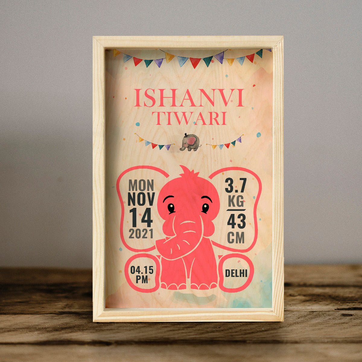 Baby Girl Wooden Frame with Elephant Birth Details - Sblossom