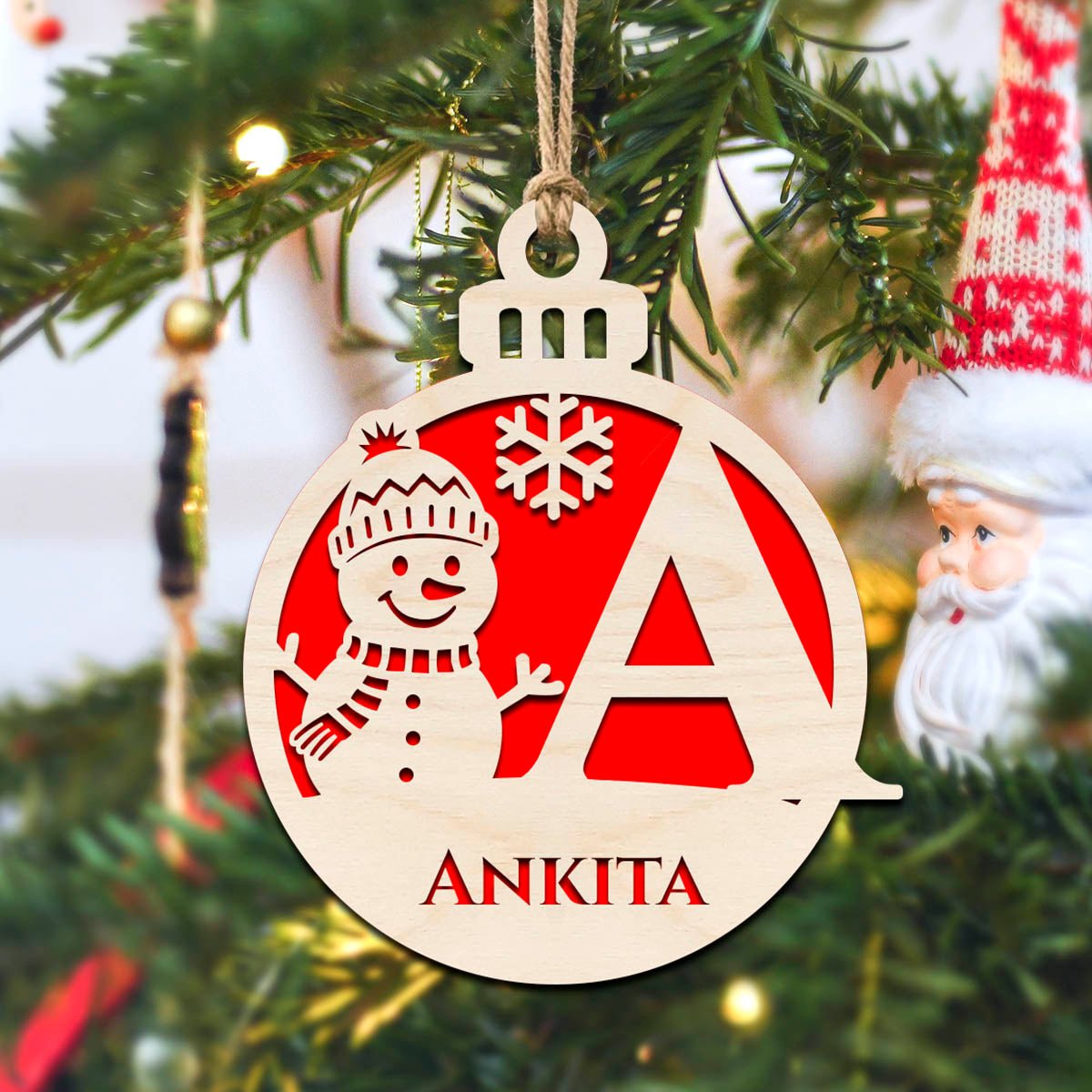 Bauble Christmas Ornament – Initial & Name in 3D Wood - Sblossom
