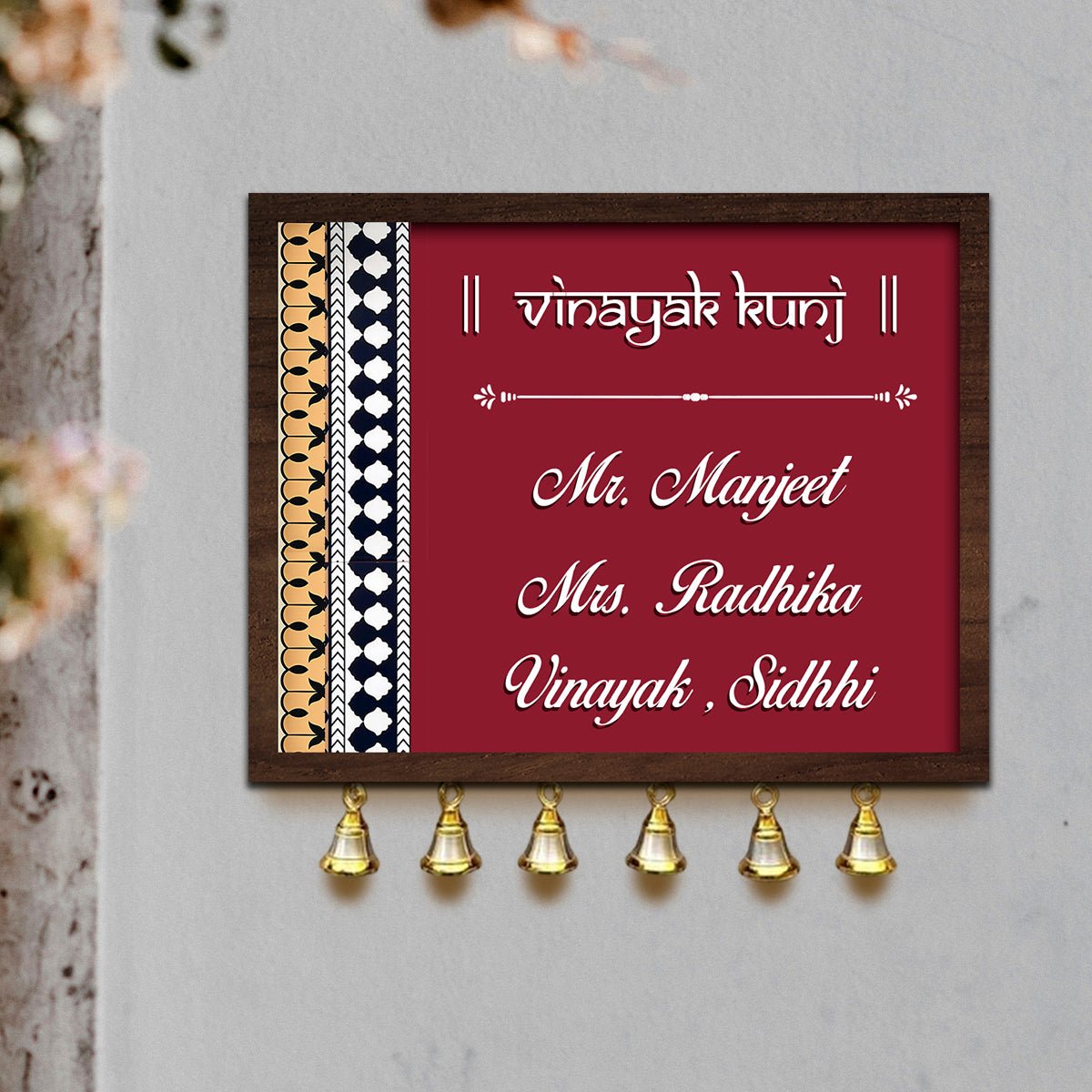 Bell Hanging Name Plate in Wood with Traditional Custom Design - Sblossom