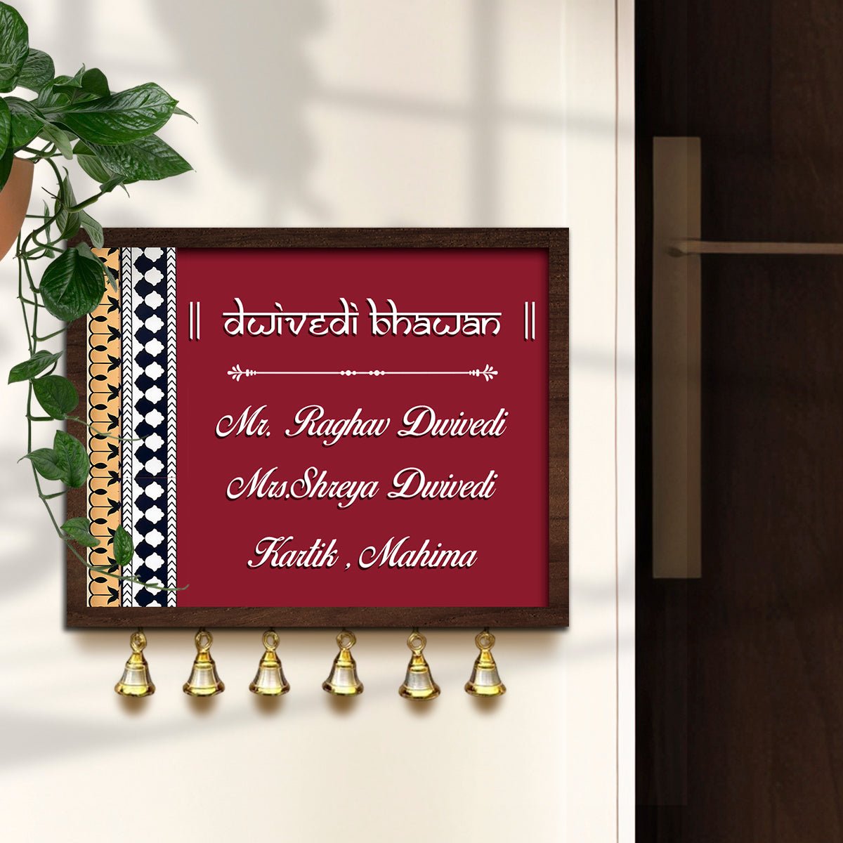 Bell Hanging Name Plate in Wood with Traditional Custom Design - Sblossom