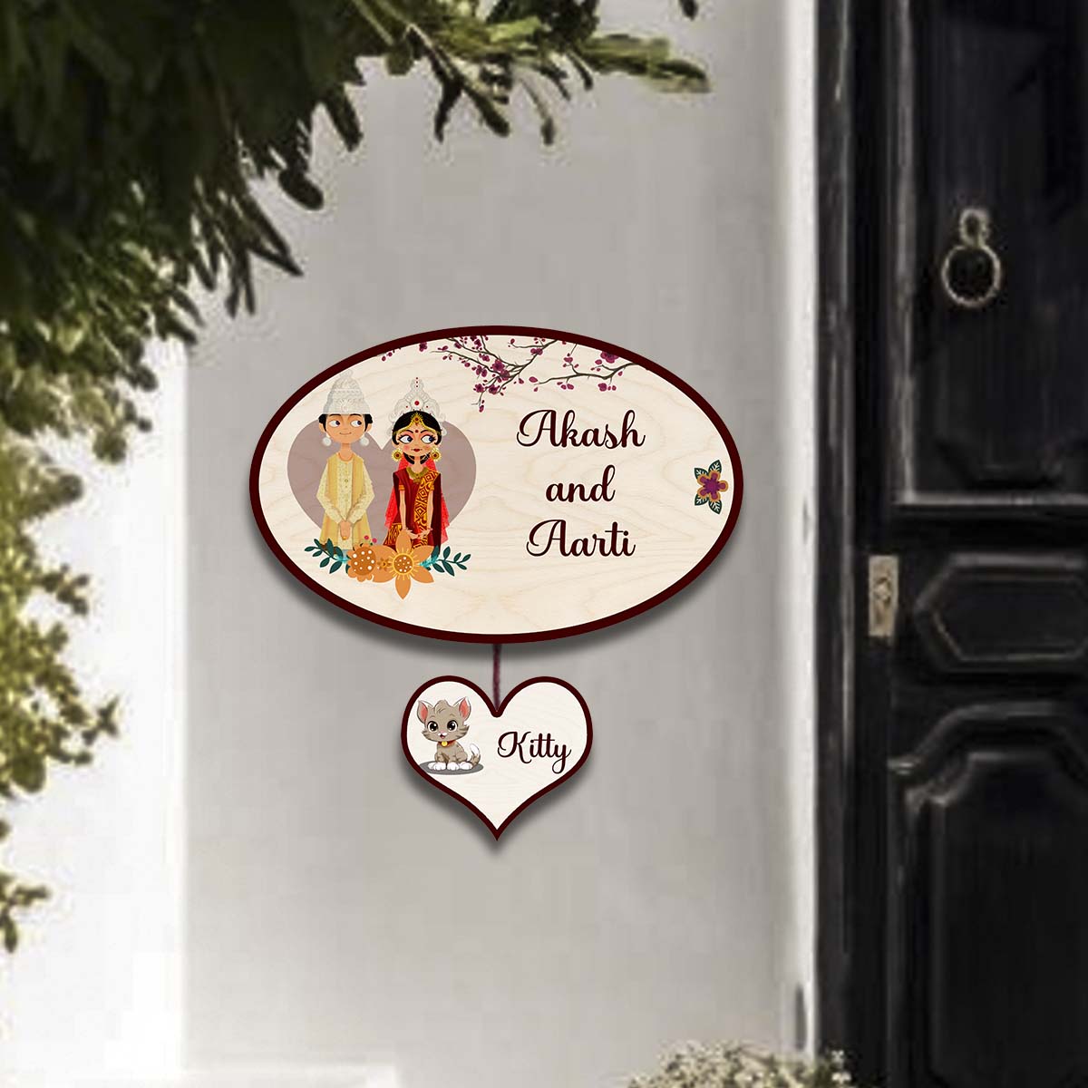 Bengali Couple Name Plate for Home with Pet – Oval - Sblossom