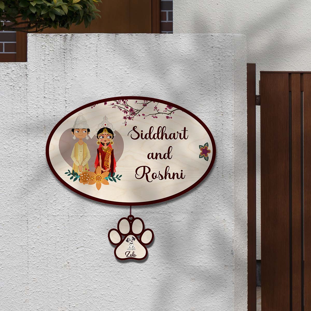 Bengali Name Plate – Wedding Couple with Pet Paw Tag - Sblossom