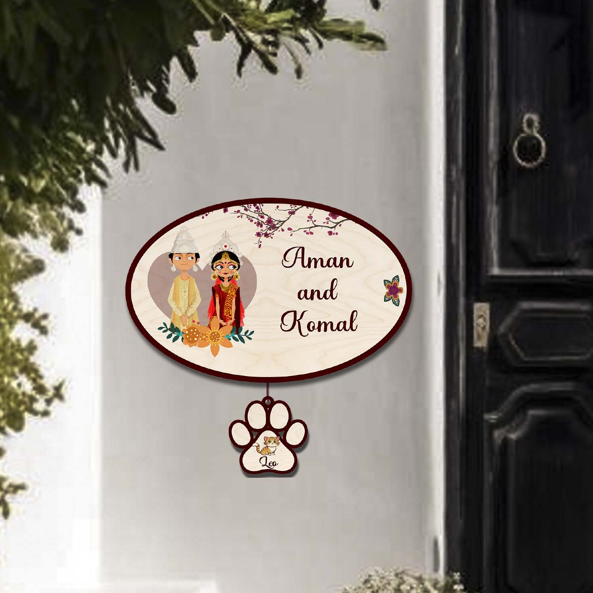 Bengali Name Plate – Wedding Couple with Pet Paw Tag - Sblossom