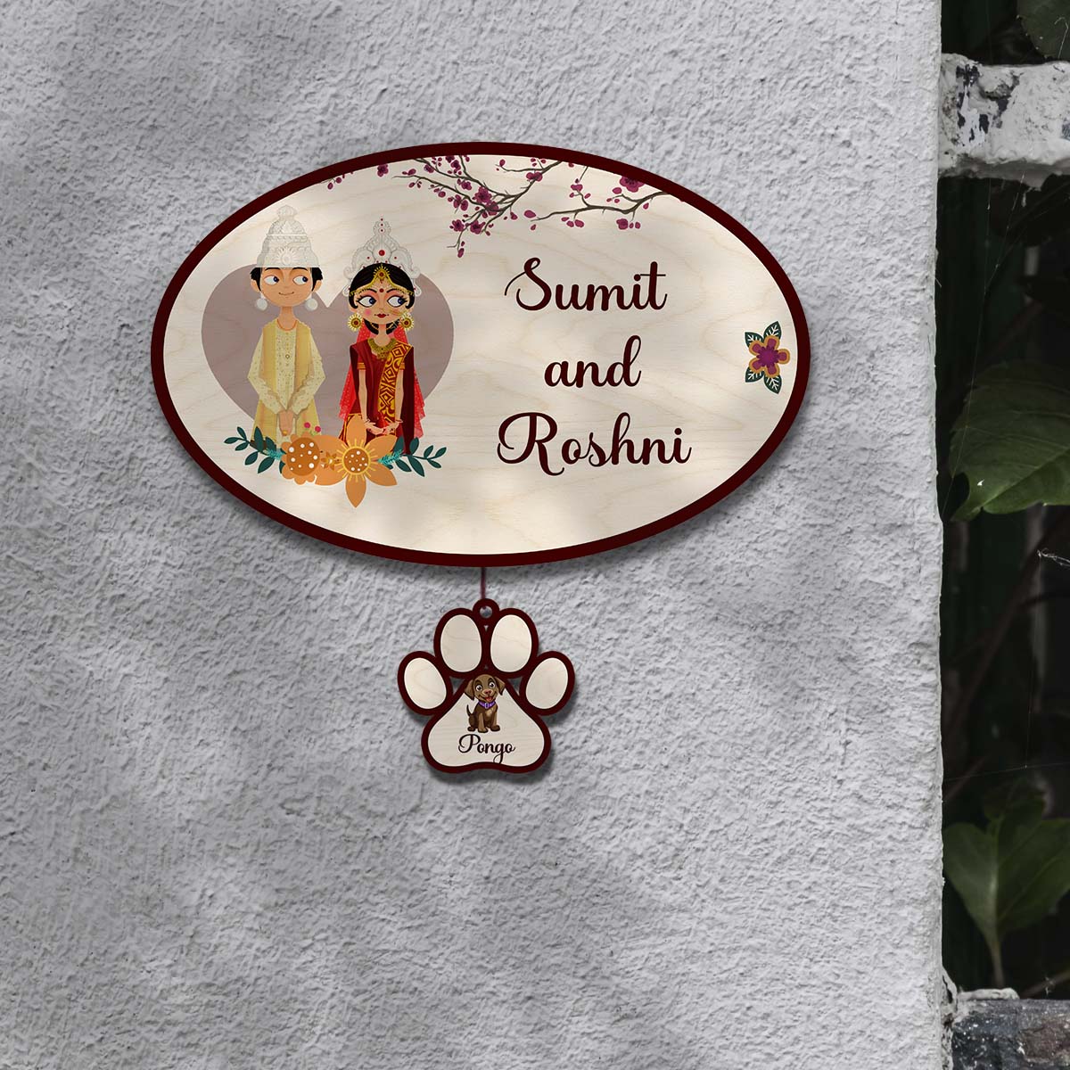 Bengali Name Plate – Wedding Couple with Pet Paw Tag - Sblossom