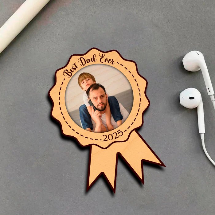 Best Dad Ever Fridge Magnet in Wood with Medal Ribbon Photo - Sblossom