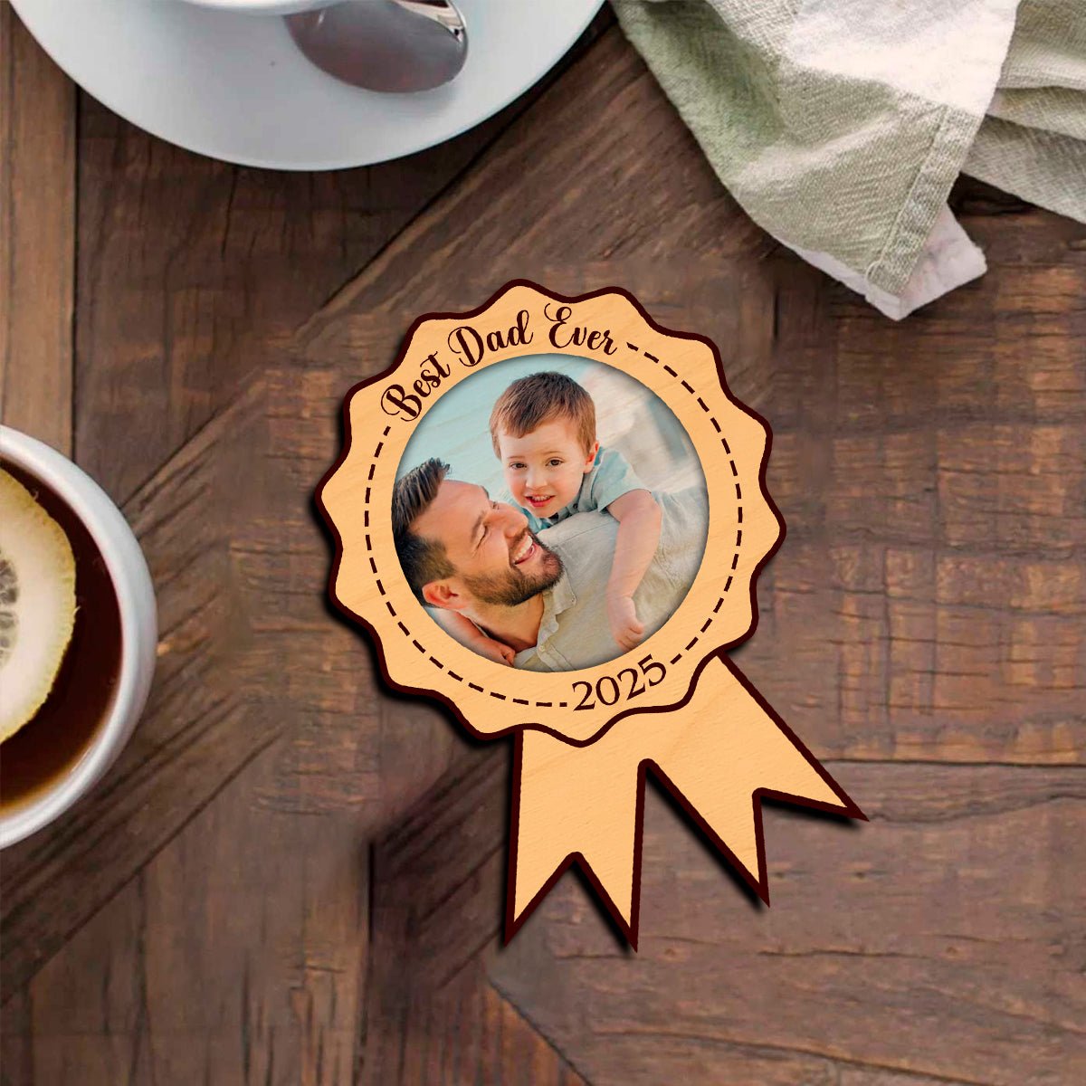 Best Dad Ever Fridge Magnet in Wood with Medal Ribbon Photo - Sblossom