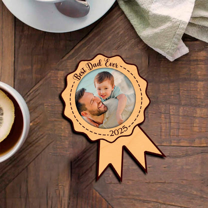 Best Dad Ever Fridge Magnet in Wood with Medal Ribbon Photo - Sblossom