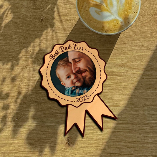 Best Dad Ever Fridge Magnet in Wood with Medal Ribbon Photo - Sblossom