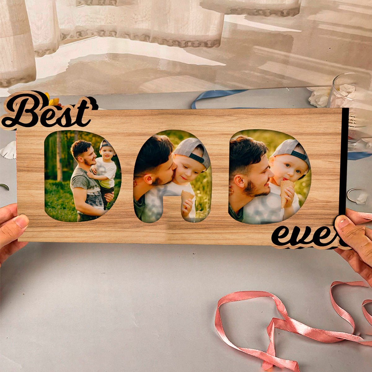 Best Dad Ever Magnet in Wood with Letter Cutout and 3 Photos - Sblossom