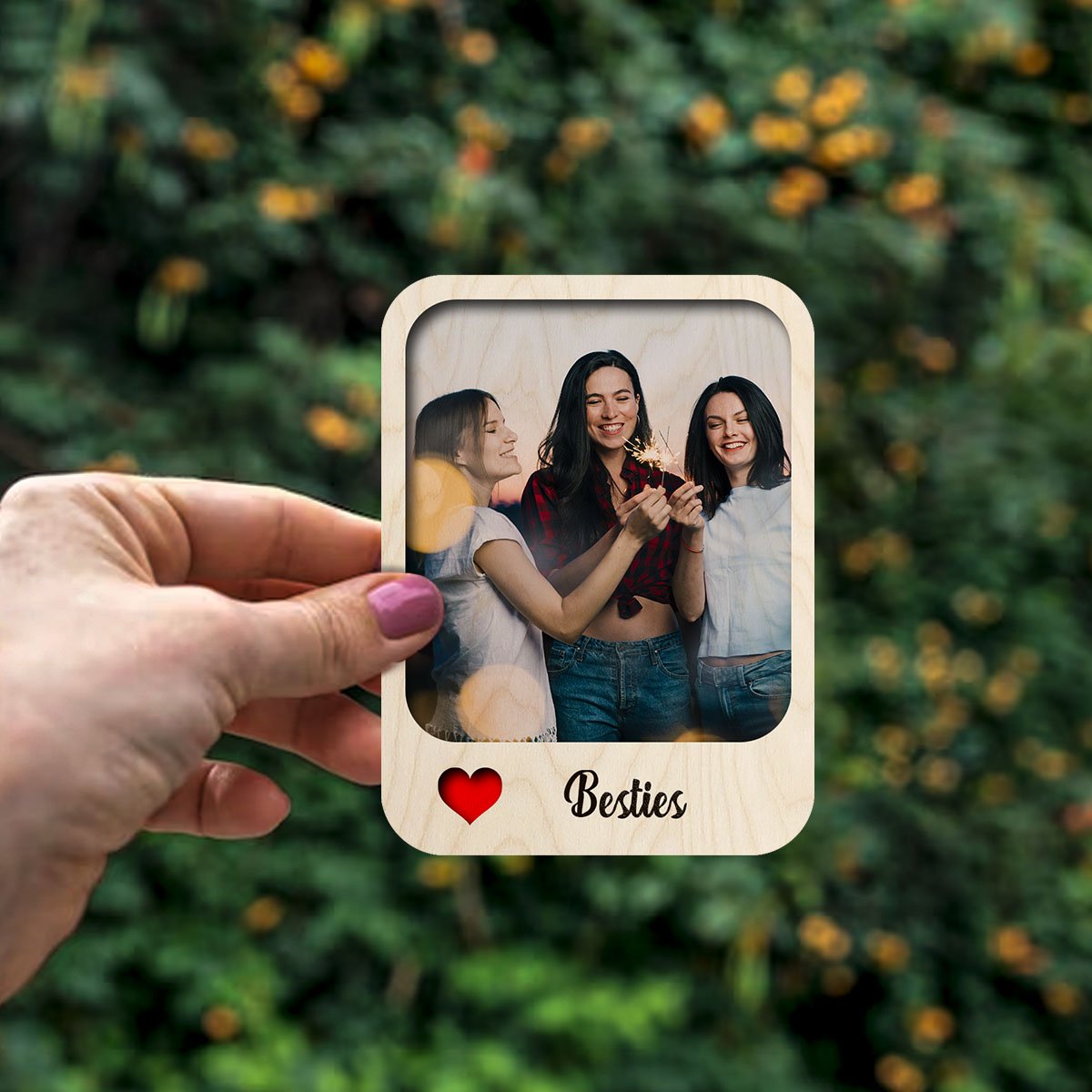 Besties Photo Fridge Magnet – Cursive Name Print Wood - Sblossom