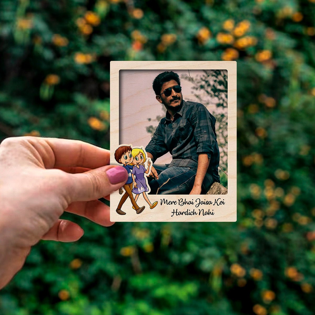 Bhai Photo Fridge Magnet in Wood with Cartoon Brother Design - Sblossom