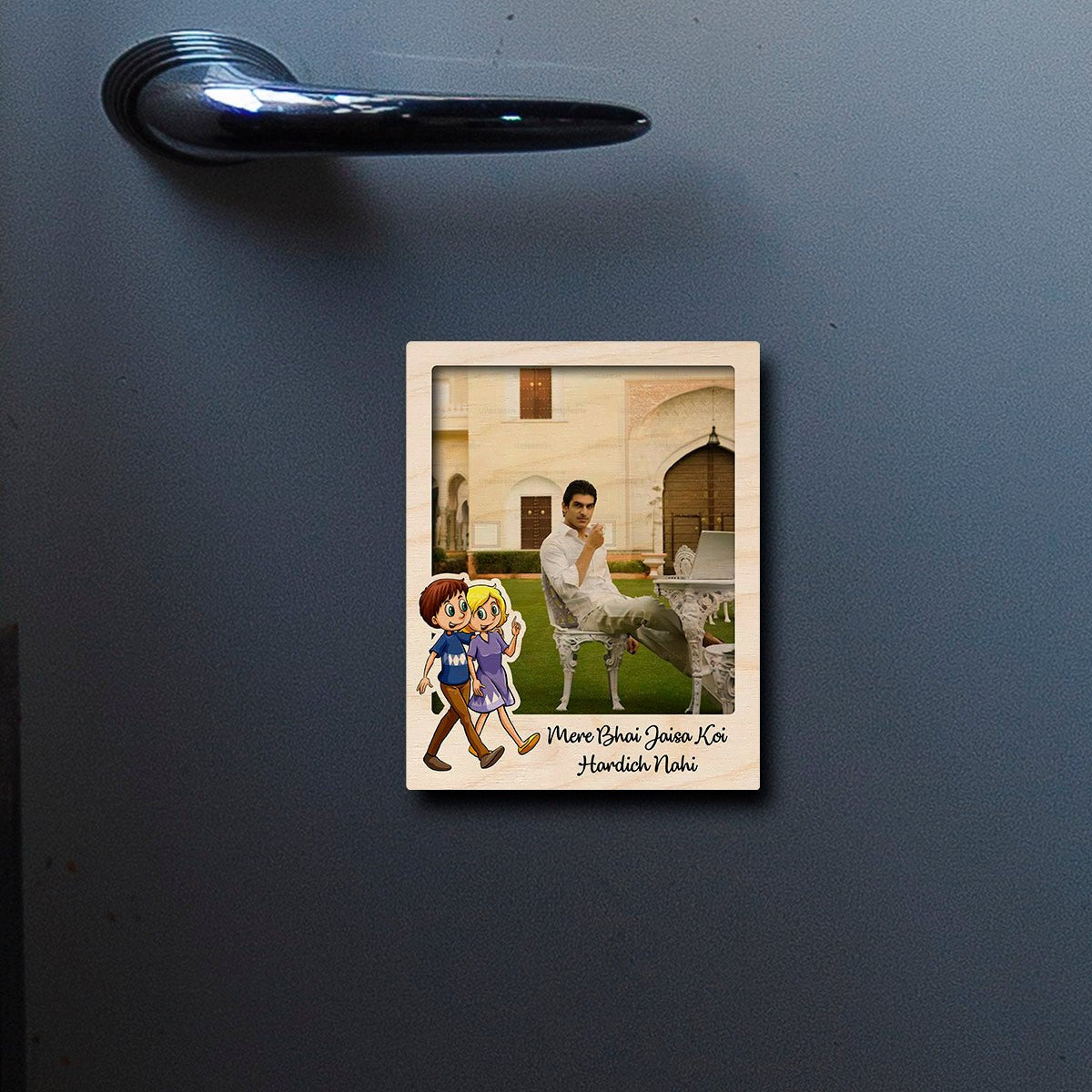 Bhai Photo Fridge Magnet in Wood with Cartoon Brother Design - Sblossom