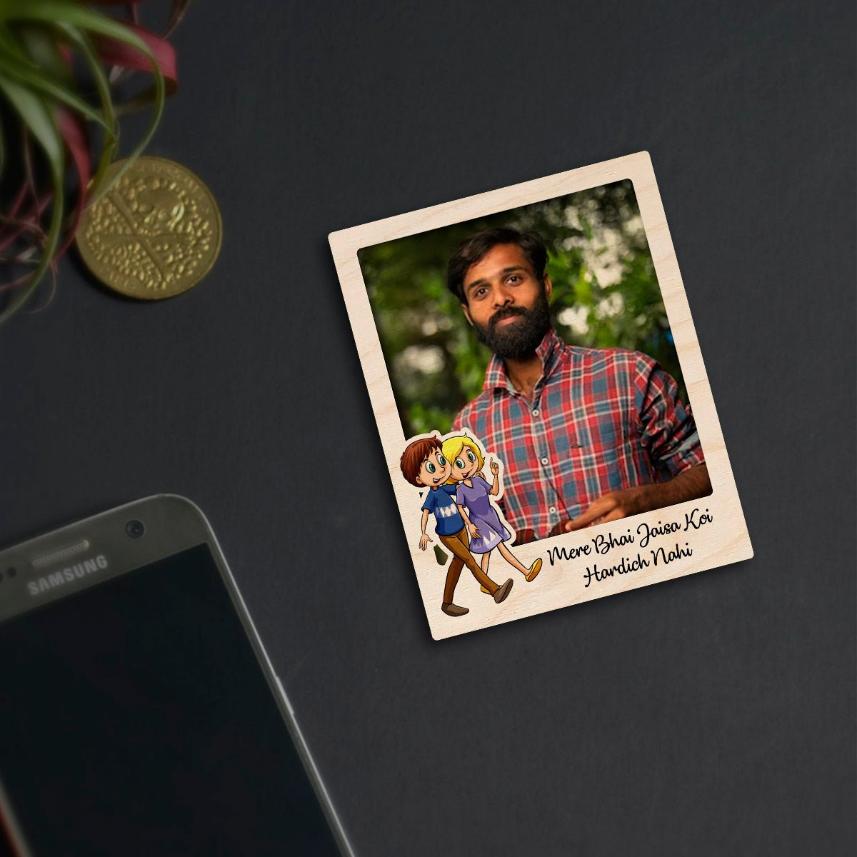 Bhai Photo Fridge Magnet in Wood with Cartoon Brother Design - Sblossom