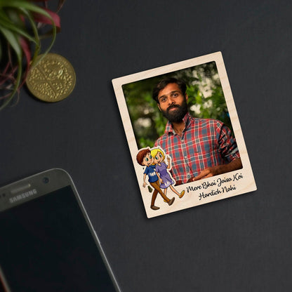 Bhai Photo Fridge Magnet in Wood with Cartoon Brother Design - Sblossom