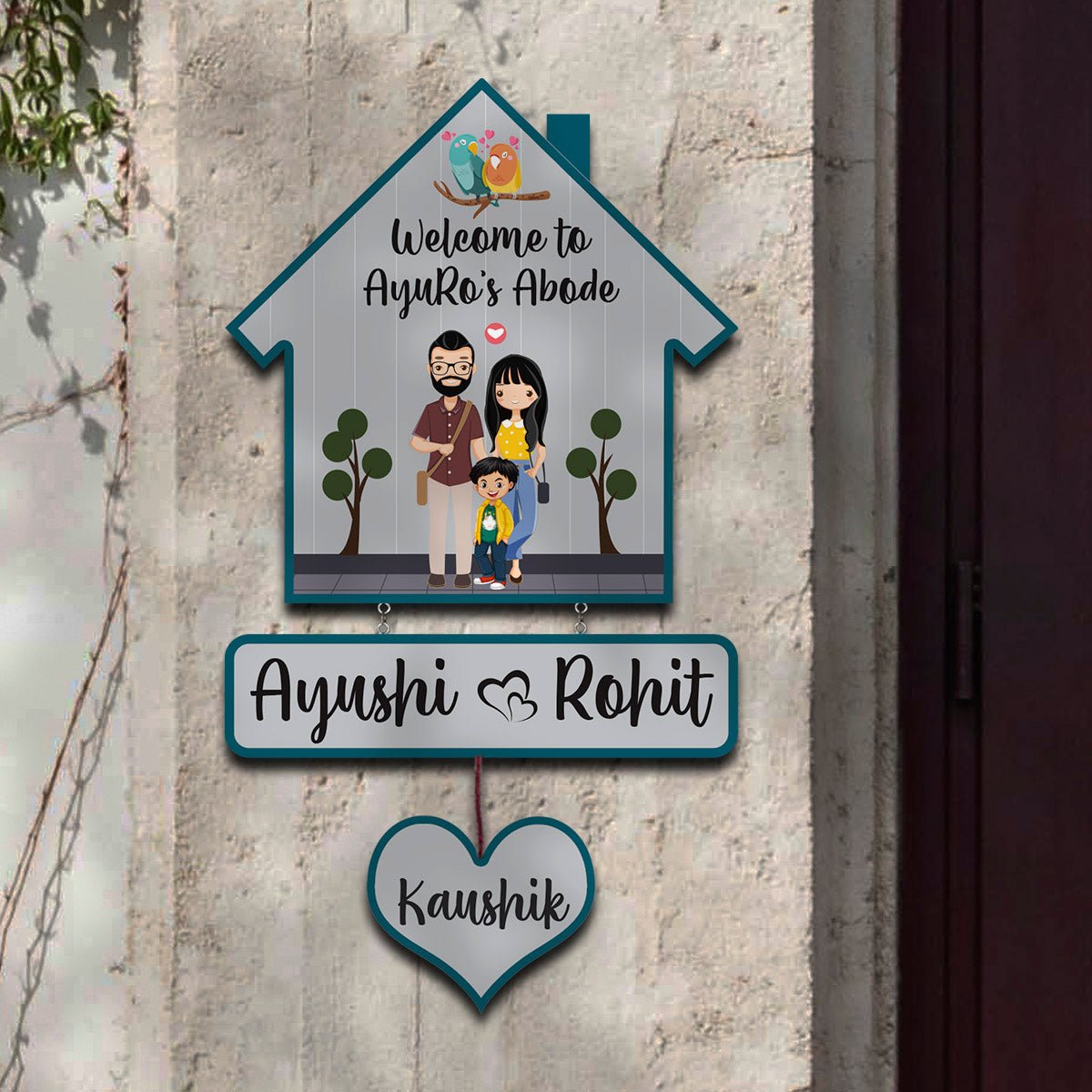 Bird Hut Family Name Plate with Lovebirds for Door - Sblossom