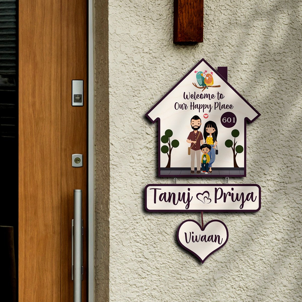 Bird Hut Family Name Plate with Lovebirds for Door - Sblossom