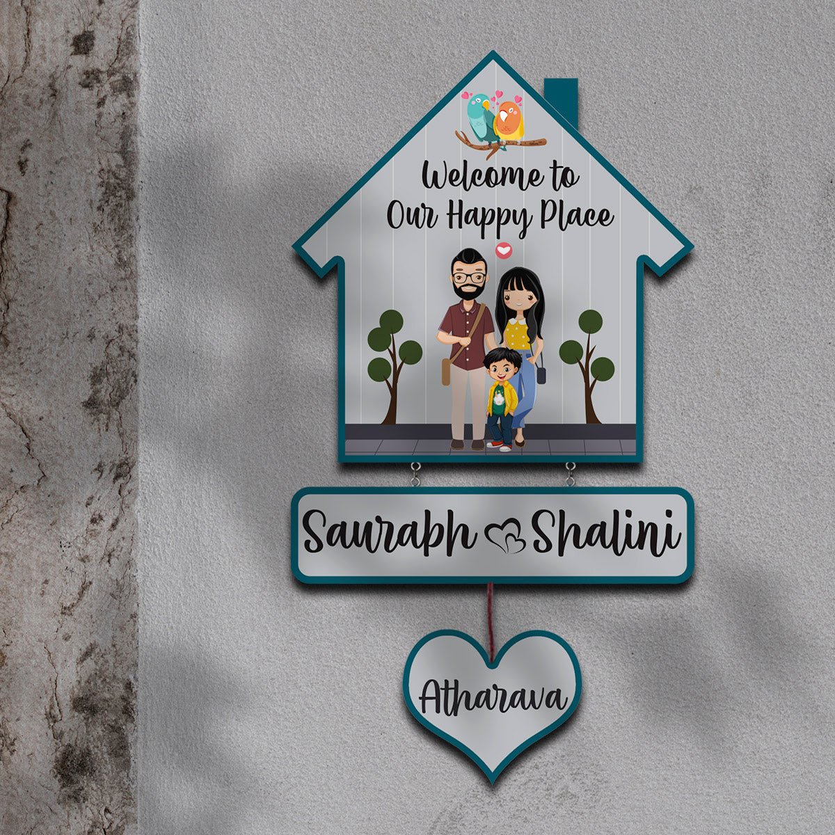Bird Hut Family Name Plate with Lovebirds for Door - Sblossom