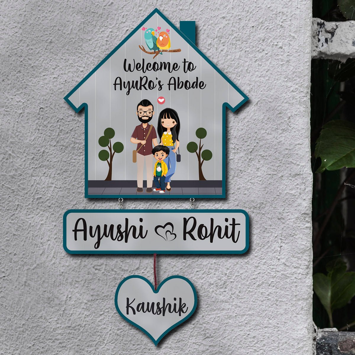 Bird Hut Family Name Plate with Lovebirds for Door - Sblossom
