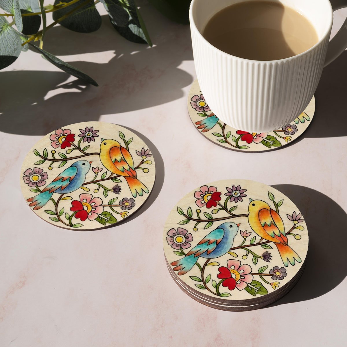 Bird Painting Wooden Coasters – Colourful Round Set - Sblossom