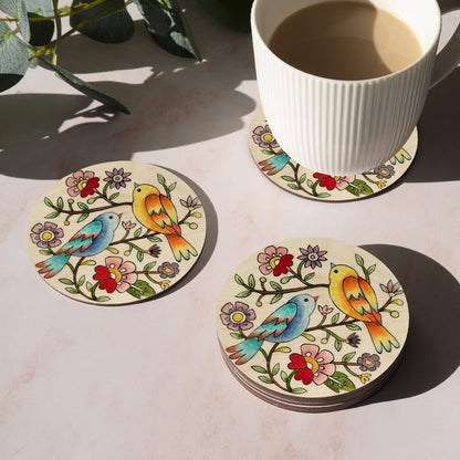 Bird Painting Wooden Coasters – Colourful Round Set - Sblossom