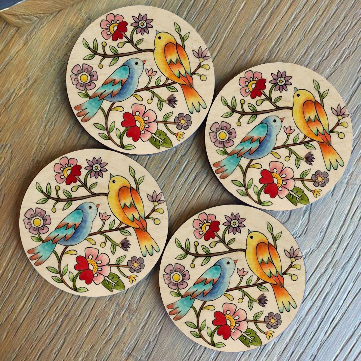 Bird Painting Wooden Coasters – Colourful Round Set - Sblossom