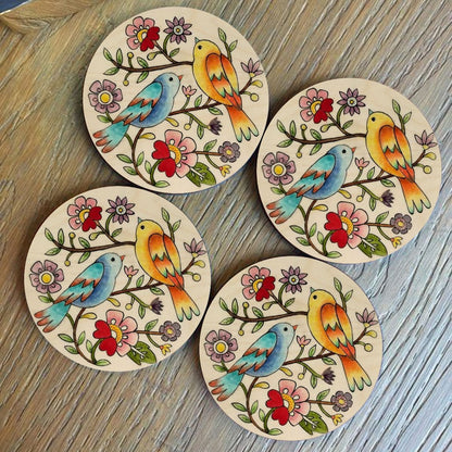 Bird Painting Wooden Coasters – Colourful Round Set - Sblossom