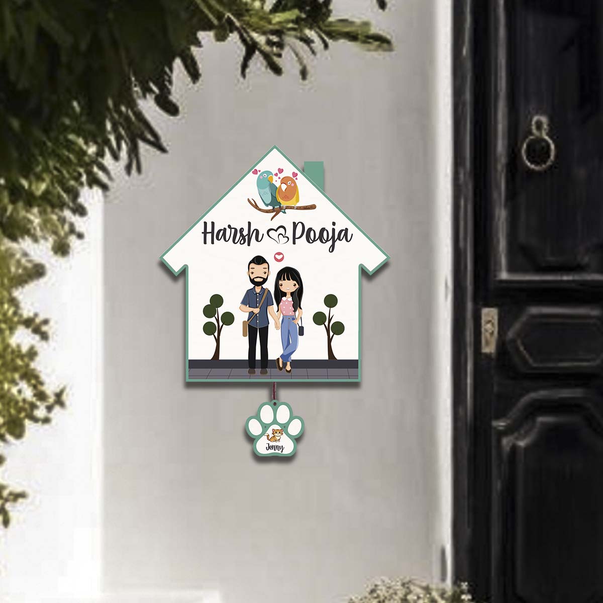 Border Couple Name Plate – Hut with Pet Paw Tag - Sblossom