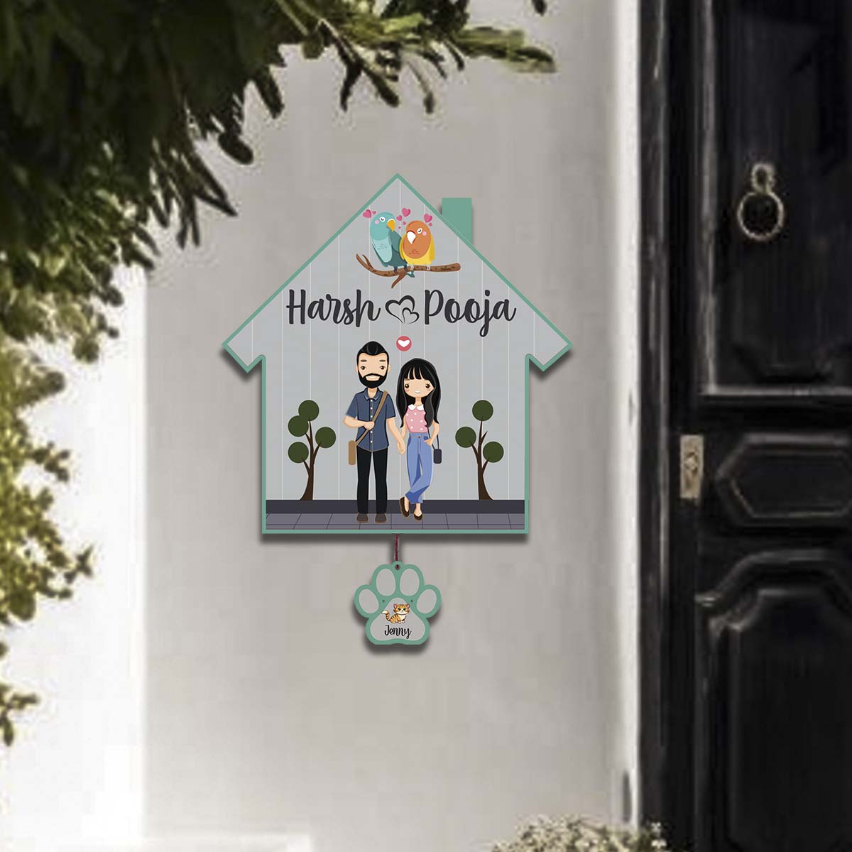 Border Couple Name Plate – Hut with Pet Paw Tag - Sblossom