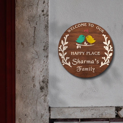 Branch Wood Name Plate – Round with Lovebirds & Heart - Sblossom