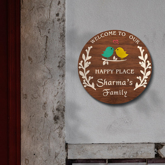Branch Wood Name Plate – Round with Lovebirds & Heart - Sblossom