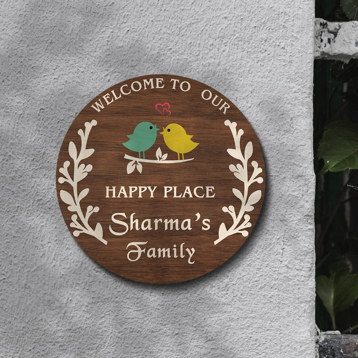 Branch Wood Name Plate – Round with Lovebirds & Heart - Sblossom