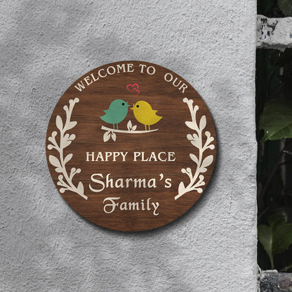 Branch Wood Name Plate – Round with Lovebirds & Heart - Sblossom