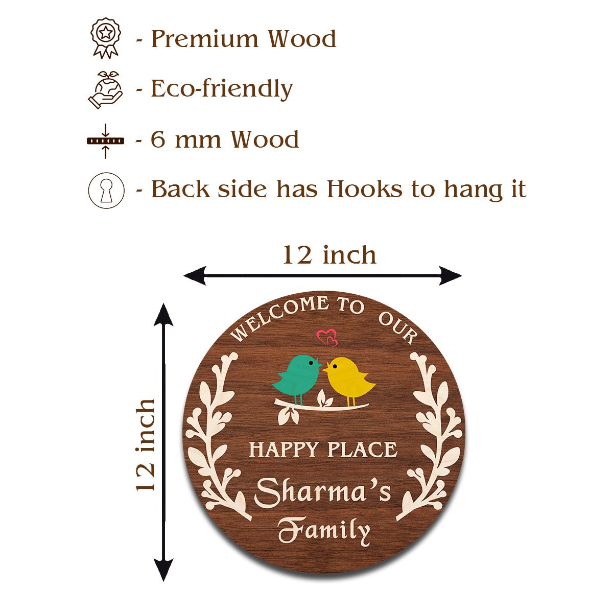 Branch Wood Name Plate – Round with Lovebirds & Heart - Sblossom