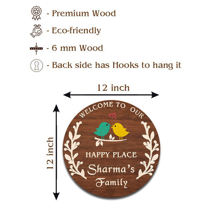 Branch Wood Name Plate – Round with Lovebirds & Heart - Sblossom