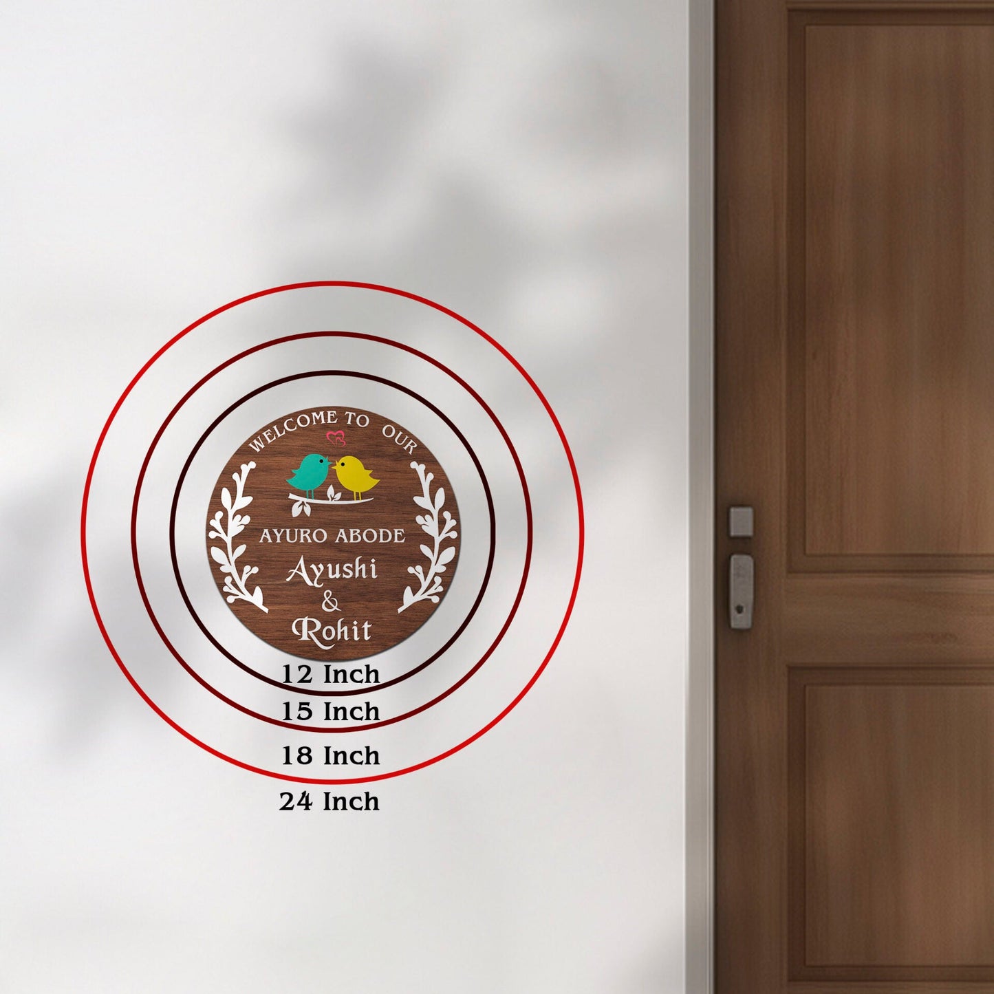 Branch Wood Name Plate – Round with Lovebirds & Heart - Sblossom