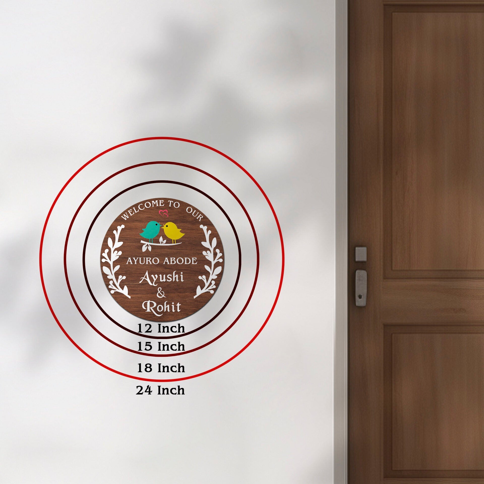 Branch Wood Name Plate – Round with Lovebirds & Heart - Sblossom