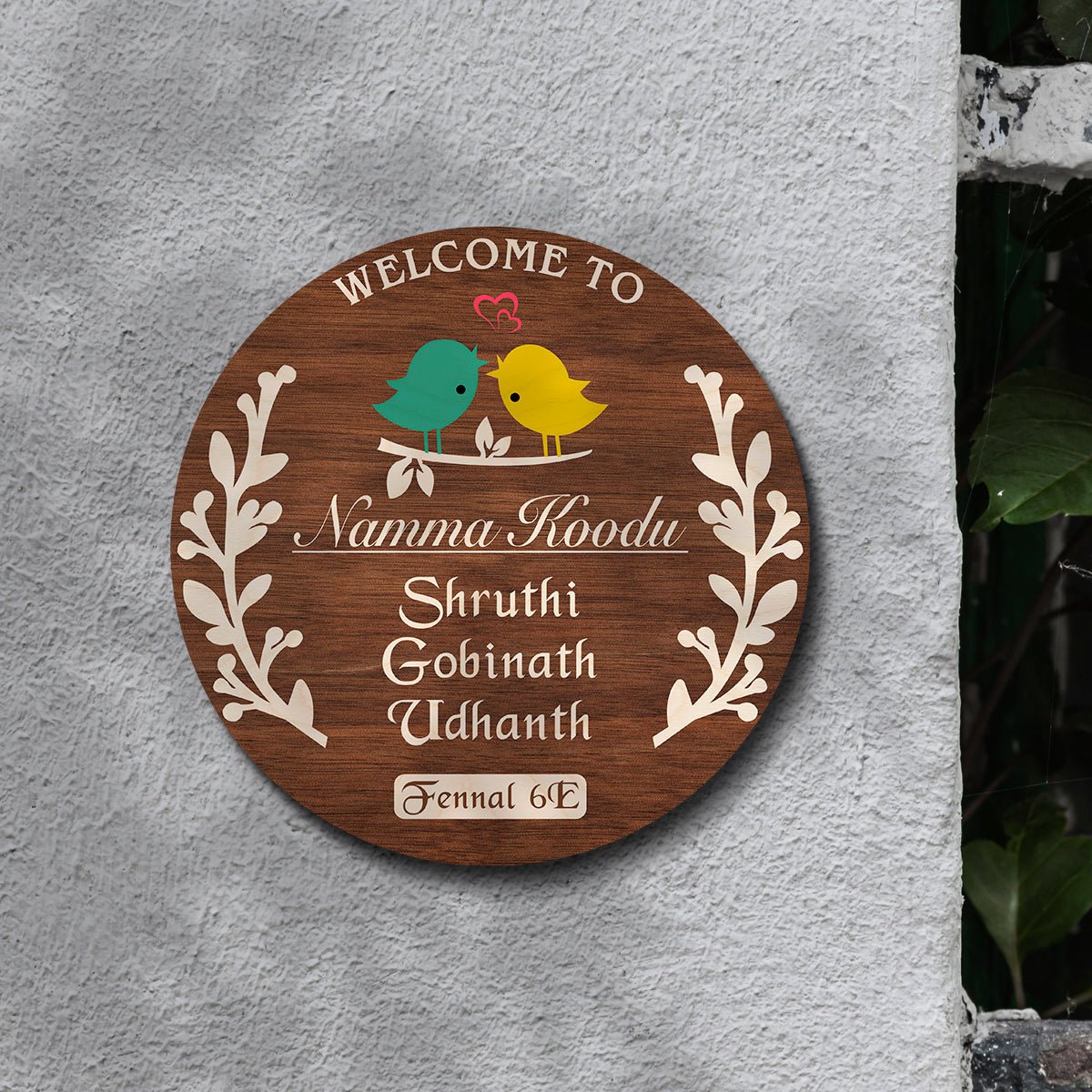 Branch Wood Name Plate – Round with Lovebirds & Heart - Sblossom
